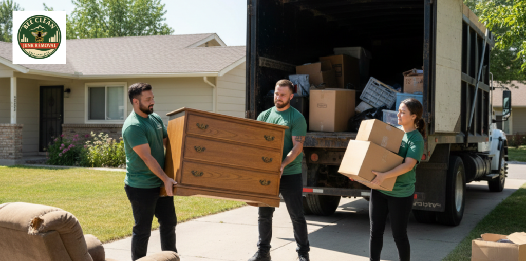 Movers loading furniture and boxes into truck.
