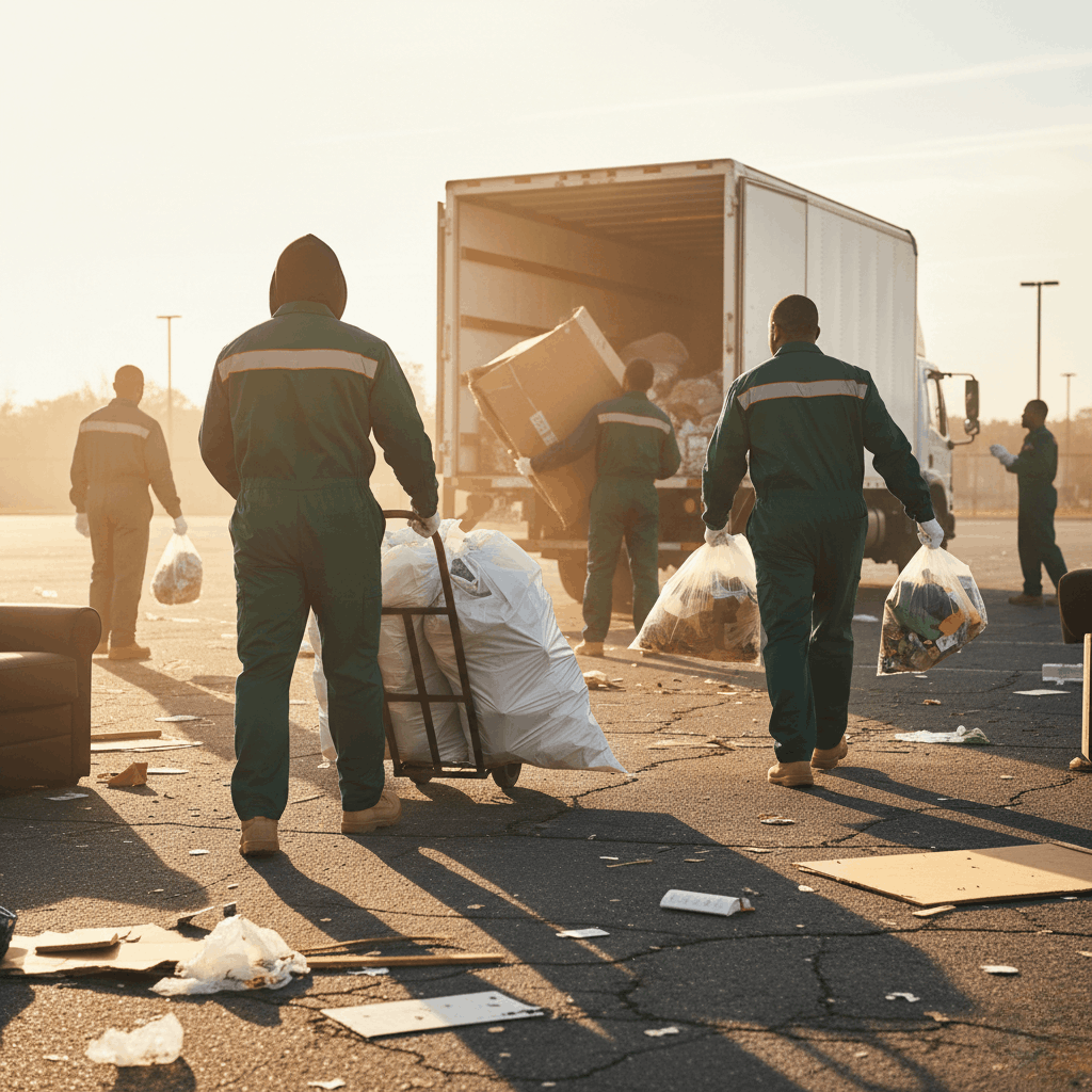 Team removing a large residential junk pile.